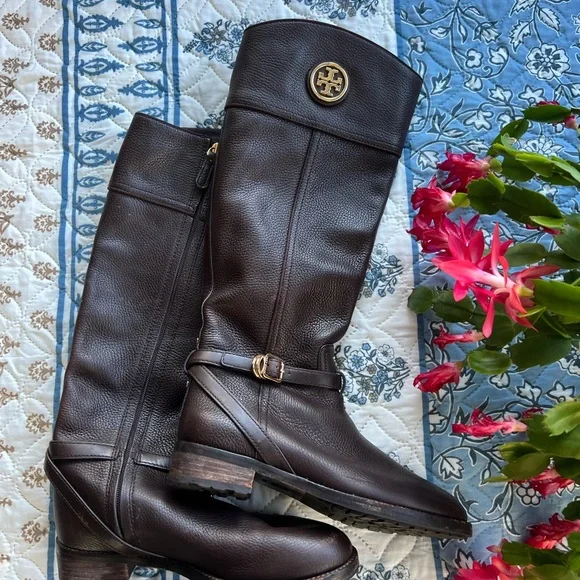 Tory Burch Dark Brown Leather Boots with Gold Accents - Picture 4 of 5